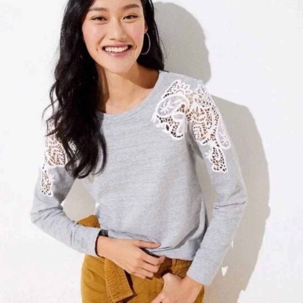 Loft Gray Sweater Lace Detail